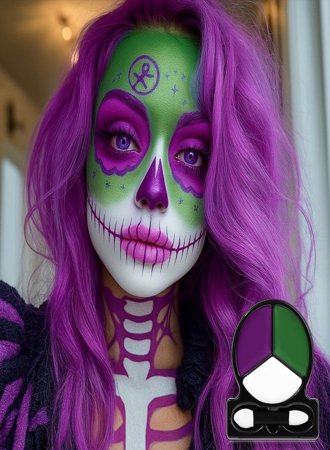BADCOLOR طلاء وجه وجسم أبيض وأخضر وبنفسجي مع أداة تطبيق، طقم طلاء وجه زيتي للهالوين، مناسب لشخصيات الجنيات المظلمة، ومكياج الملكة الشريرة، وألوان الوجه لأزياء الساحرات والوحوش، ولأزياء التنكر. - Image 2